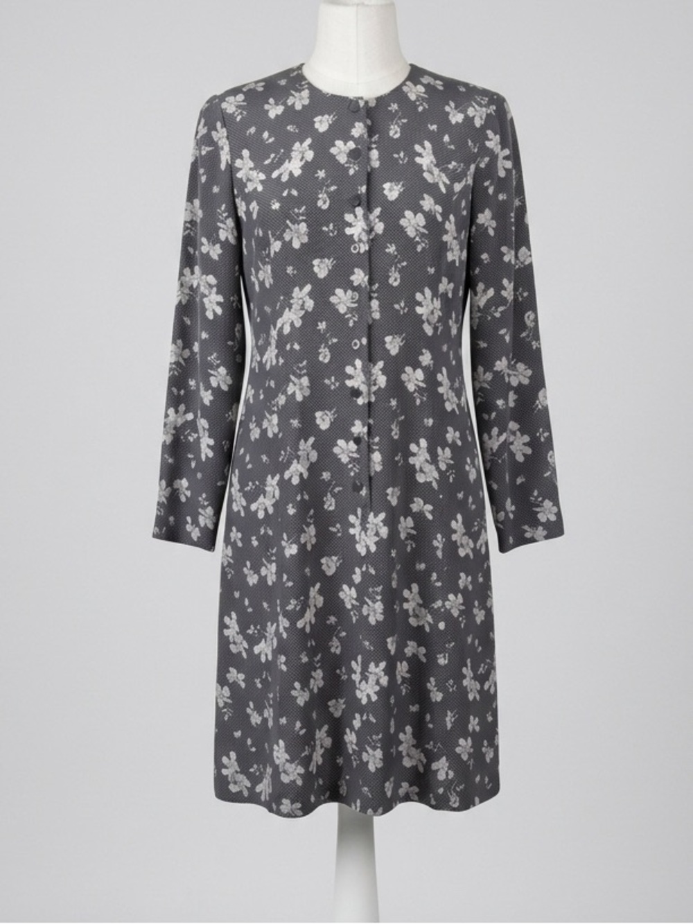 Episode Vintage 100% Silk Floral Mini Polka Dot Long Sleeve Midi Dress Gray 6